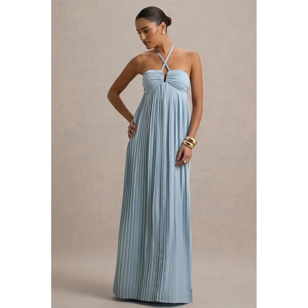Club L London Elayne Powder Blue Halter Neck Pleated Maxi Dress Size 12 NEW